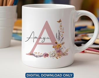 Personalized Name Floral Mug Wrap Design, Custom Coffee Mug (Digital Printable File Only)