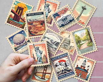 USA Landmark Stamp Stickers, Printable United States Landmark Sticker Design, Retro Travel Stickers (Digital Download)