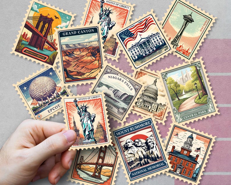 USA Landmark Stamp Stickers, Printable United States Landmark Sticker ...