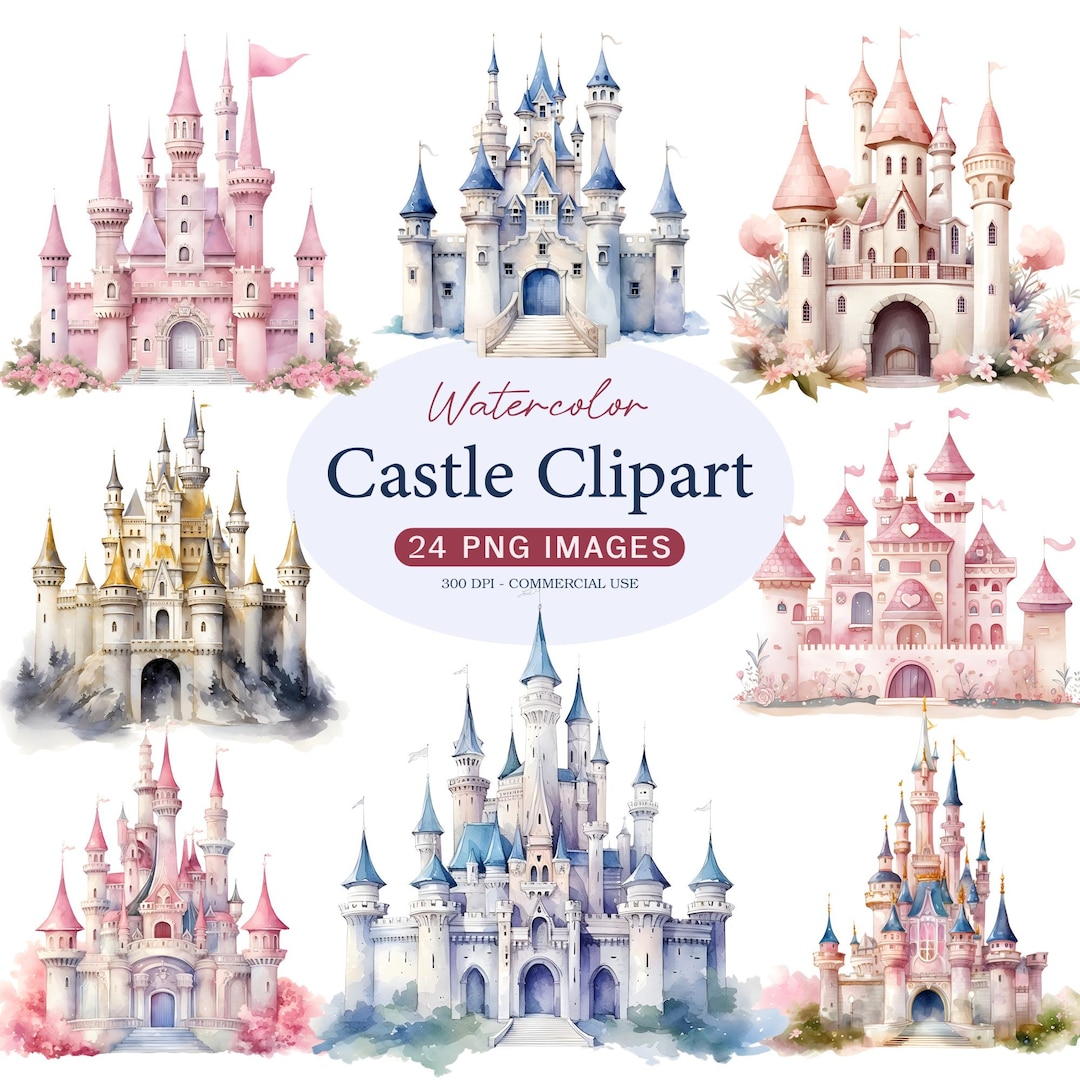 Watercolor Castle Clipart, Fairy Tale Princess Birthday Castle, 24 PNG ...