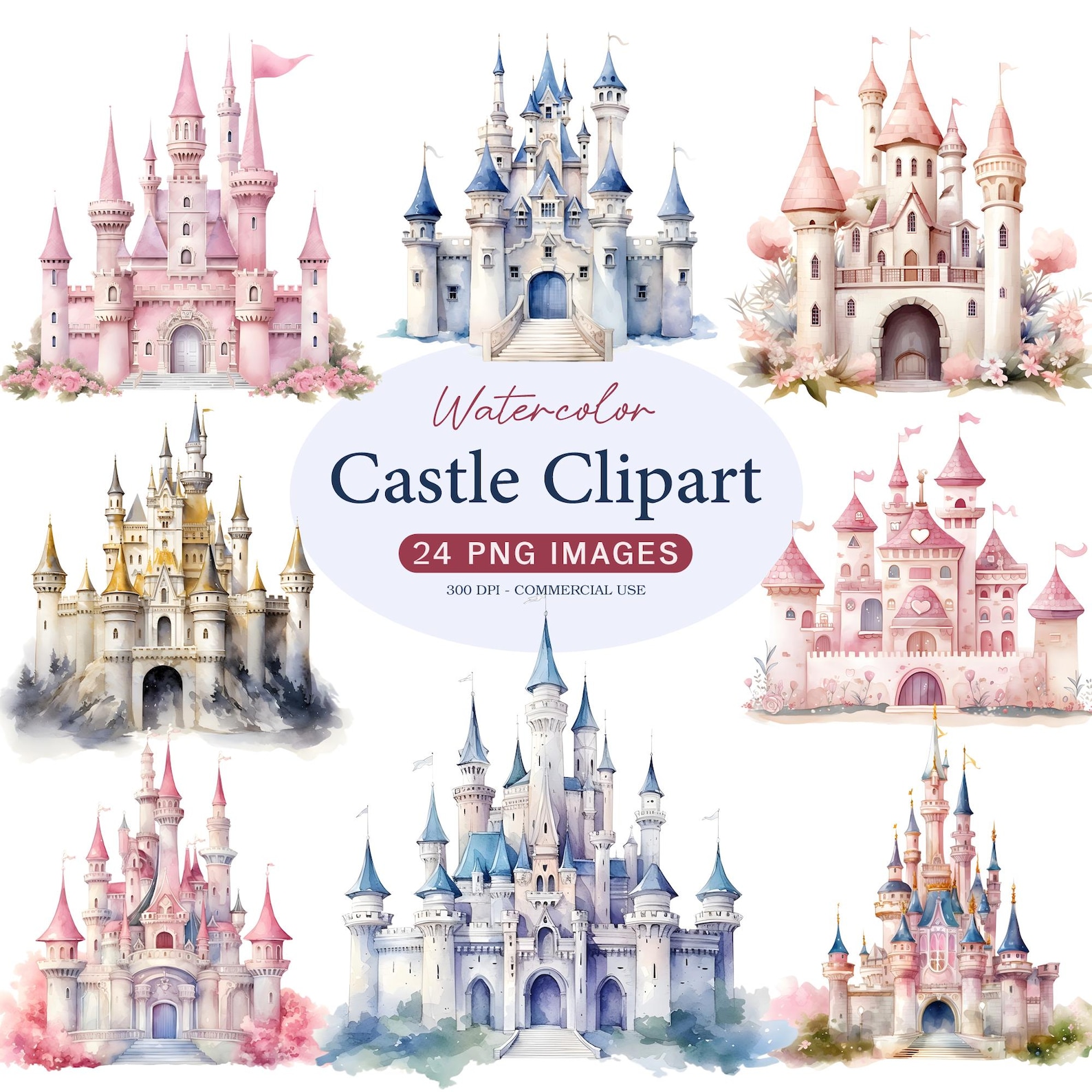 Watercolor Castle Clipart, Fairy Tale Princess Birthday Castle, 24 PNG ...