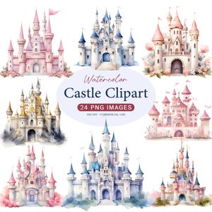 K&ouml;nnte beinhalten: Aquarell-Burg-Clipart mit verschiedenen M&auml;rchenschl&ouml;ssern in Rosa-, Blau- und Goldt&ouml;nen. Das Bild enth&auml;lt den Text "Watercolor Castle Clipart" und "24 PNG Images". Die Burgen haben T&uuml;rme, Fahnen und florale Akzente.