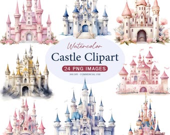 Watercolor Castle Clipart, Fairy Tale Princess Birthday Castle, 24 PNG Castle Cliparts, Digital Download