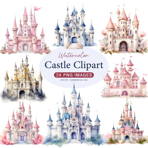 Watercolor Castle Clipart, Fairy Tale Princess Birthday Castle, 24 PNG Castle Cliparts, Digital Download