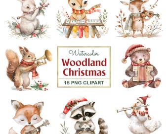 Kerstdieren PNG-bundel: Aquarel bosdieren met muziekinstrumenten clip art (digitale download)