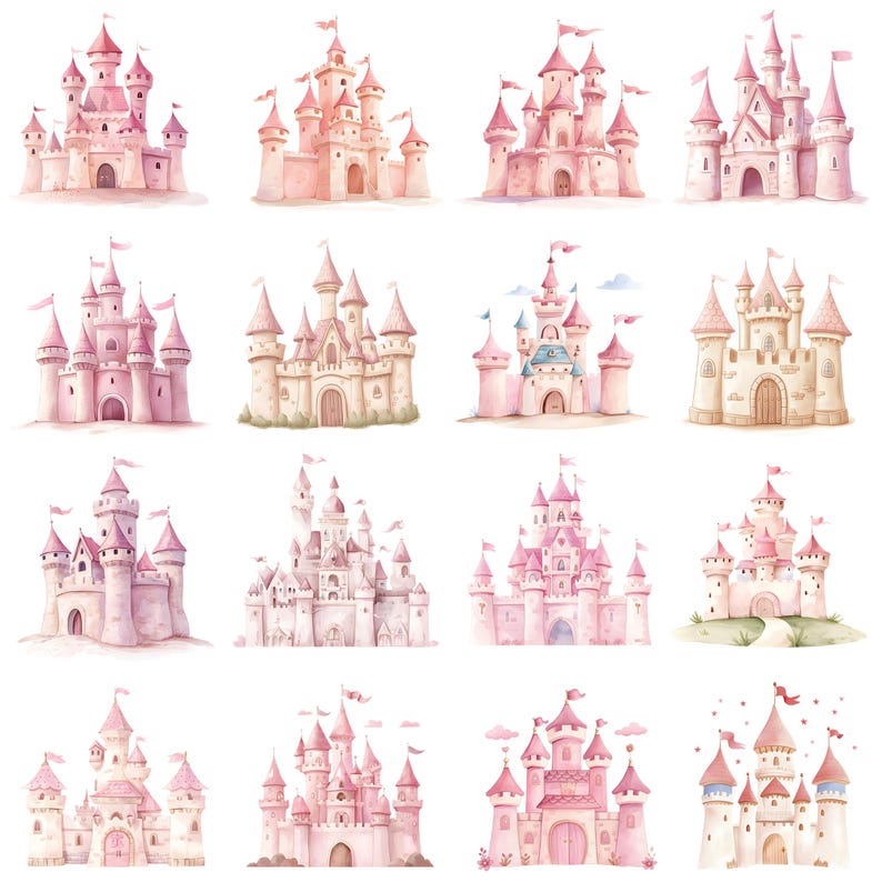 Watercolor Princess Pink Castle Clipart Bundle, Fairytale Little ...