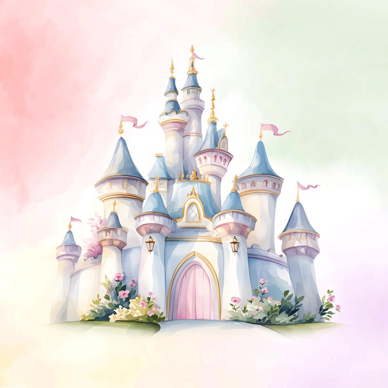 Watercolor Princess Castle Clipart, Fairy Tale Birthday Castle, 43 PNG ...