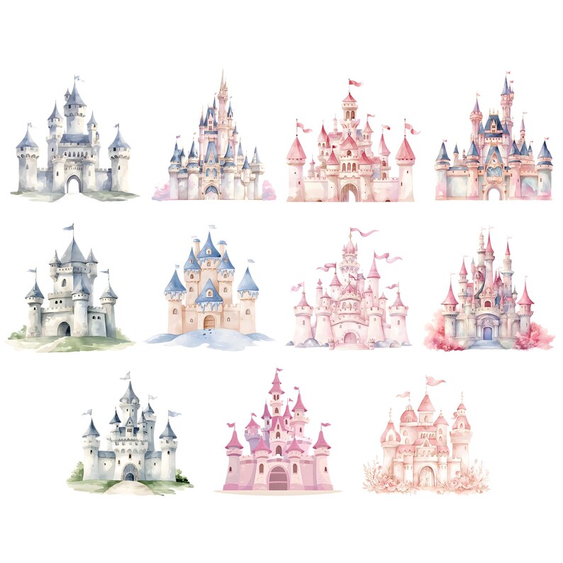 Watercolor Princess Castle Clipart, Fairy Tale Birthday Castle, 43 PNG ...