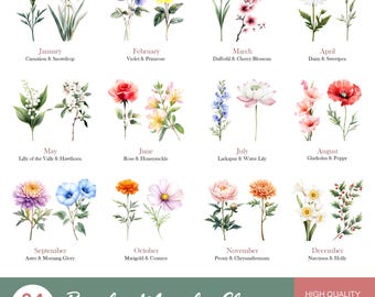 Bundel aquarel geboortemaand bloemen: 24 geboortemaand bloemen, png (digitale download)