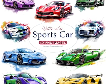 Sports Racing Car Clipart, Watercolor Fantasy Car PNG Set (Digital Download)