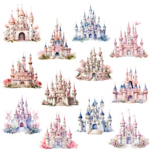 K&ouml;nnte beinhalten: Aquarellillustrationen verschiedener M&auml;rchenschl&ouml;sser in Rosa, Blau und Wei&szlig;. Jedes Schloss weist aufwendige architektonische Details, T&uuml;rme und florale Akzente auf, vor einem wei&szlig;en Hintergrund. Die Schl&ouml;sser variieren in Gr&ouml;&szlig;e und Design.