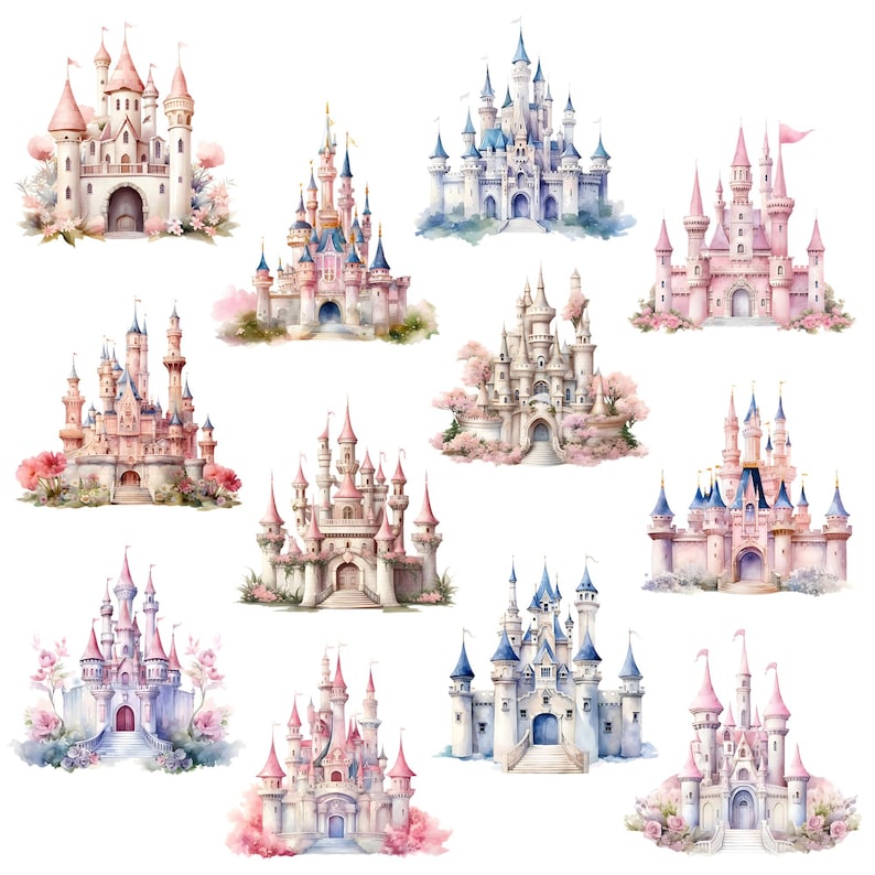 K&ouml;nnte beinhalten: Aquarellillustrationen verschiedener M&auml;rchenschl&ouml;sser in Rosa, Blau und Wei&szlig;. Jedes Schloss weist aufwendige architektonische Details, T&uuml;rme und florale Akzente auf, vor einem wei&szlig;en Hintergrund. Die Schl&ouml;sser variieren in Gr&ouml;&szlig;e und Design.