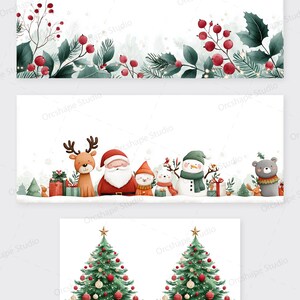 May include: Watercolor illustrations of Christmas-themed banners. The top banner features red berries and green foliage. The middle banner showcases Santa Claus, a reindeer, a snowman, and other festive characters. The bottom banner displays two decorated Christmas trees.