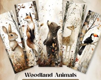 Boekmarker met bosdieren in aquarel, 10 printbare bladwijzers met jungledieren, cadeau voor boekenliefhebbers, direct digitaal te downloaden.
