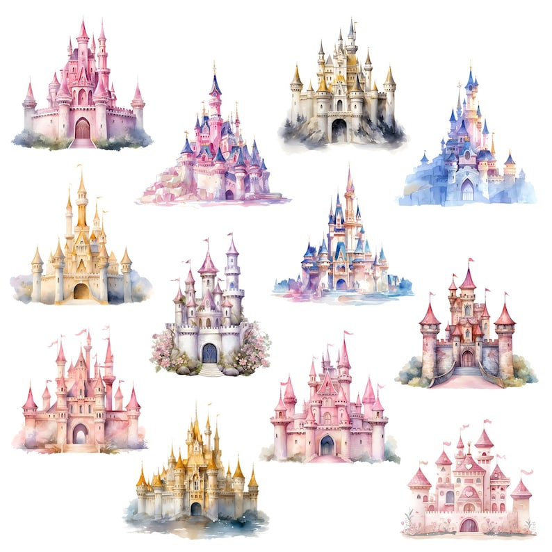 K&ouml;nnte beinhalten: Aquarellillustrationen verschiedener M&auml;rchenschl&ouml;sser in Rosa, Blau, Gold und Wei&szlig;. Jedes Schloss hat T&uuml;rme, T&uuml;rmchen und Fahnen, einige sind von floralen Akzenten umgeben. Die Sammlung ist vor einem wei&szlig;en Hintergrund angeordnet.