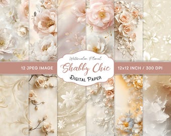 Floral Beige Watercolor Digital Paper, Shabby Chic Abstract Wedding Scrapbook Paper (Digital Download)