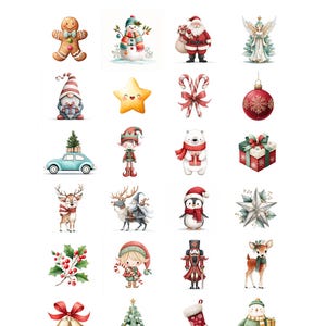 May include: Watercolor illustrations of Christmas-themed characters and objects, including a gingerbread man, snowman, Santa Claus, angel, gnome, star, candy canes, ornament, car with tree, elf, polar bear, gift, reindeer, penguin, star, holly, nutcracker, bells, tree, stocking, and snowman. Text: "24 Motive werden verwendet."