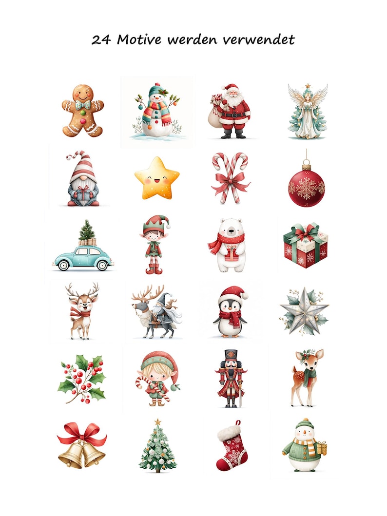 May include: Watercolor illustrations of Christmas-themed characters and objects, including a gingerbread man, snowman, Santa Claus, angel, gnome, star, candy canes, ornament, car with tree, elf, polar bear, gift, reindeer, penguin, star, holly, nutcracker, bells, tree, stocking, and snowman. Text: "24 Motive werden verwendet."