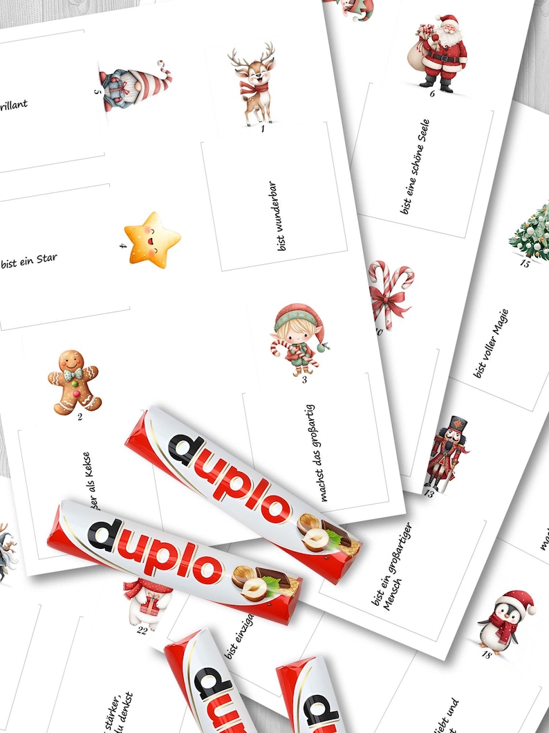May include: A collection of Christmas-themed cards with illustrations of a reindeer, Santa Claus, and a gingerbread man. The cards are accompanied by several Duplo chocolate bars. The cards have German text and numbers.