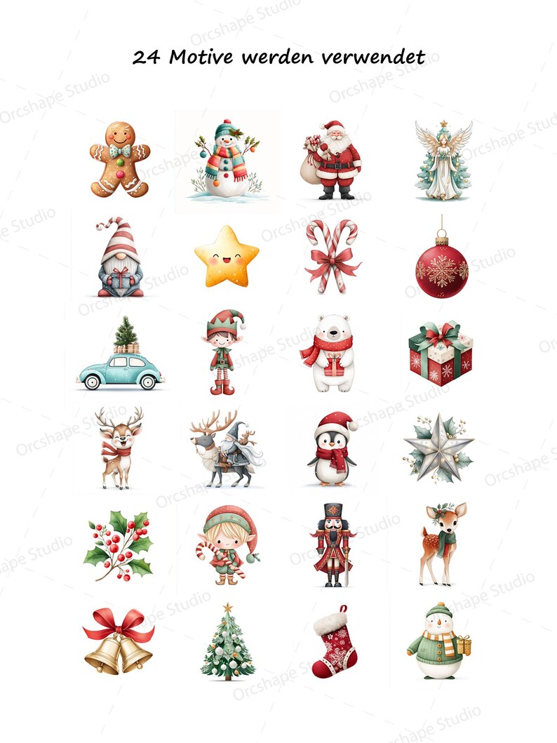 May include: A collection of watercolour Christmas illustrations featuring festive characters like Santa, a snowman, and an angel. Other elements include a star, baubles, and a Christmas tree. The text "24 Motive werden verwendet" is at the top.