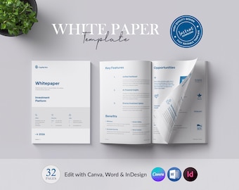 Canva Printable White Paper Template, 32 Pages Whitepaper, Word InDesign Template, Digital Download