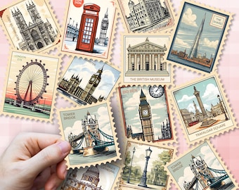 London Landmark Stamp Stickers, Printable Landmark Sticker Design, Retro Travel Stickers, Digital Download