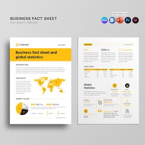 Pode incluir: Modelo de folha de dados comerciais de duas páginas com fundo branco e detalhes amarelos. A primeira página apresenta um título, introdução, destaques e valores de mercado. A segunda página inclui estudos de caso e estatísticas globais.