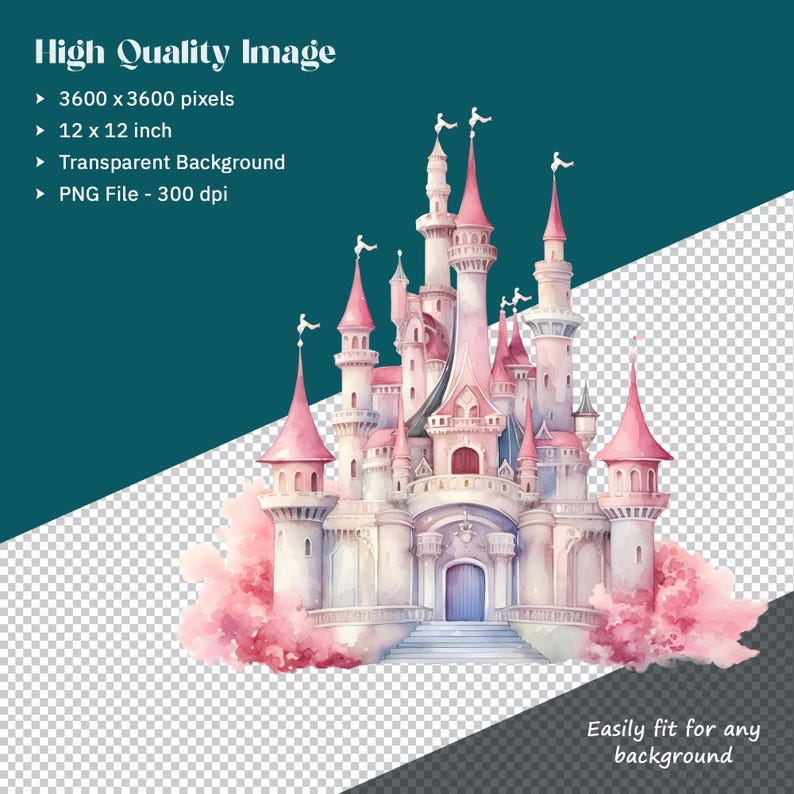 Watercolor Princess Castle Clipart, Fairy Tale Birthday Castle, 43 PNG ...