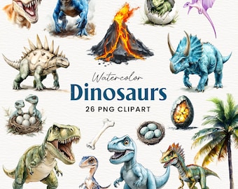 Watercolor Realistic Dinosaur Clipart, 26 Dino Clip Art Set, Dinosaur Nursery Decor (digital download)