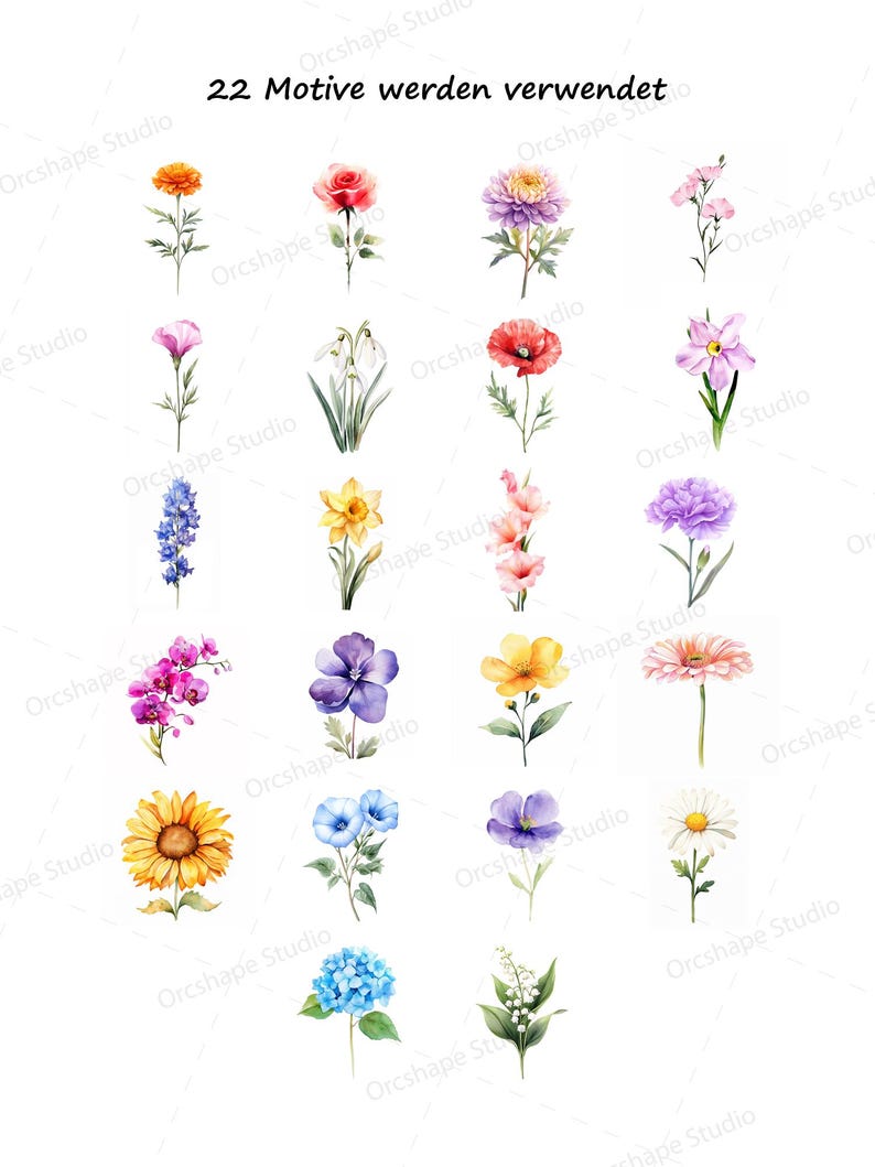 Puede incluir: Una colecci&oacute;n de 22 ilustraciones florales en acuarela, cada una representando una flor diferente. Las flores son de varios colores, incluyendo naranja, rojo, rosa, morado, amarillo y azul. El texto "22 Motive werden verwendet" est&aacute; en la parte superior.