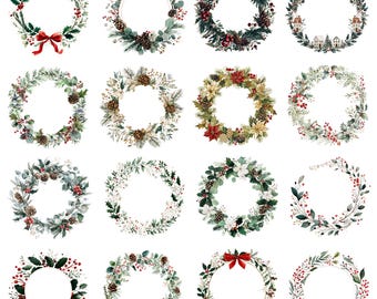 Watercolor Christmas Wreath PNG, 35 Christmas Frames, Christmas Holiday Clipart, Digital Download