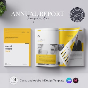Peut inclure: Maquette de rapport annuel moderne avec un design jaune et blanc. La couverture indique "Annual Report 2029". Le rapport ouvert montre des pages de contenu sur le thème des affaires. Le texte "Annual Report Template" est en haut.