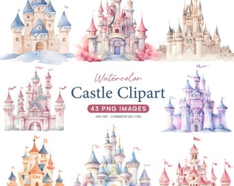 Watercolor Princess Castle Clipart, Fairy Tale Birthday Castle, 43 PNG Castle Cliparts, Digital Download