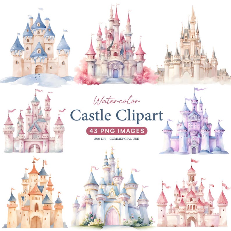 Watercolor Princess Castle Clipart, Fairy Tale Birthday Castle, 43 PNG ...