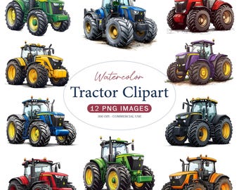 Watercolor Tractor Cliparts, 12 PNG Farm Tractor Clipart Set (Digital Download)