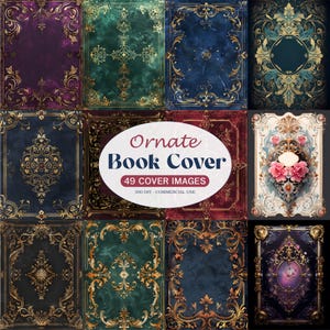 May include: A collection of nine ornate book cover designs. Each cover features a unique combination of colors, including deep purple, emerald green, and navy blue, with gold filigree and decorative elements. The central image displays the text "Ornate Book Cover" and "49 Cover Images."