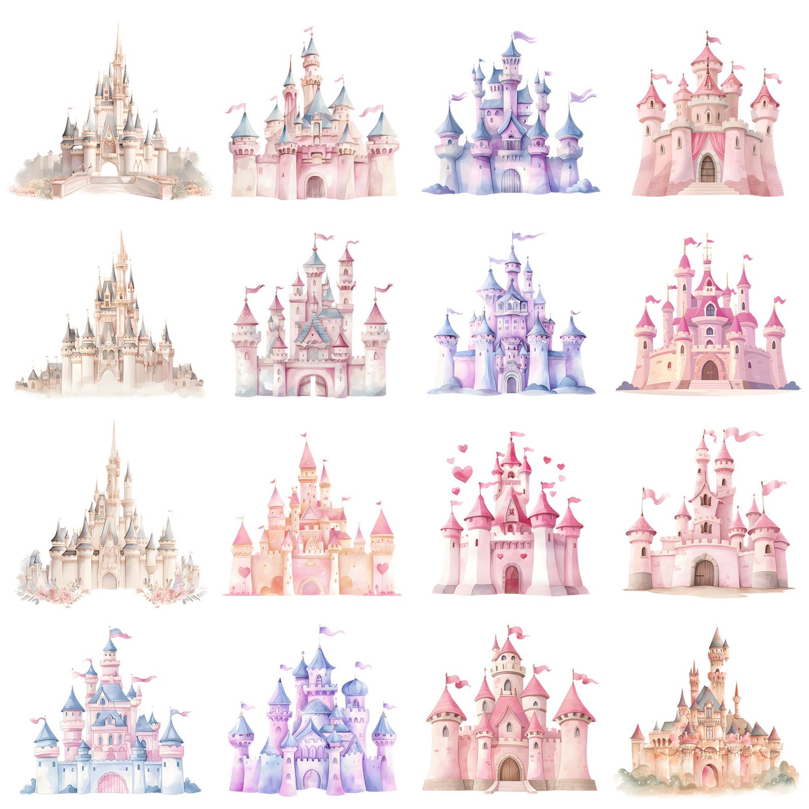 Watercolor Princess Castle Clipart, Fairy Tale Birthday Castle, 43 PNG ...