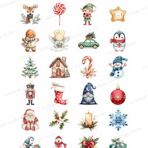 Puede incluir: Una colecci&oacute;n de 24 ilustraciones navide&ntilde;as en acuarela. Las im&aacute;genes incluyen un ciervo, un elfo, un hombre de jengibre, un &aacute;ngel, un coche con un &aacute;rbol de Navidad, un ping&uuml;ino, un &aacute;rbol de Navidad, una casa, un bast&oacute;n de caramelo, un mu&ntilde;eco de nieve y m&aacute;s.