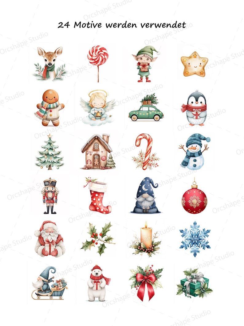 Puede incluir: Una colecci&oacute;n de 24 ilustraciones navide&ntilde;as en acuarela. Las im&aacute;genes incluyen un ciervo, un elfo, un hombre de jengibre, un &aacute;ngel, un coche con un &aacute;rbol de Navidad, un ping&uuml;ino, un &aacute;rbol de Navidad, una casa, un bast&oacute;n de caramelo, un mu&ntilde;eco de nieve y m&aacute;s.