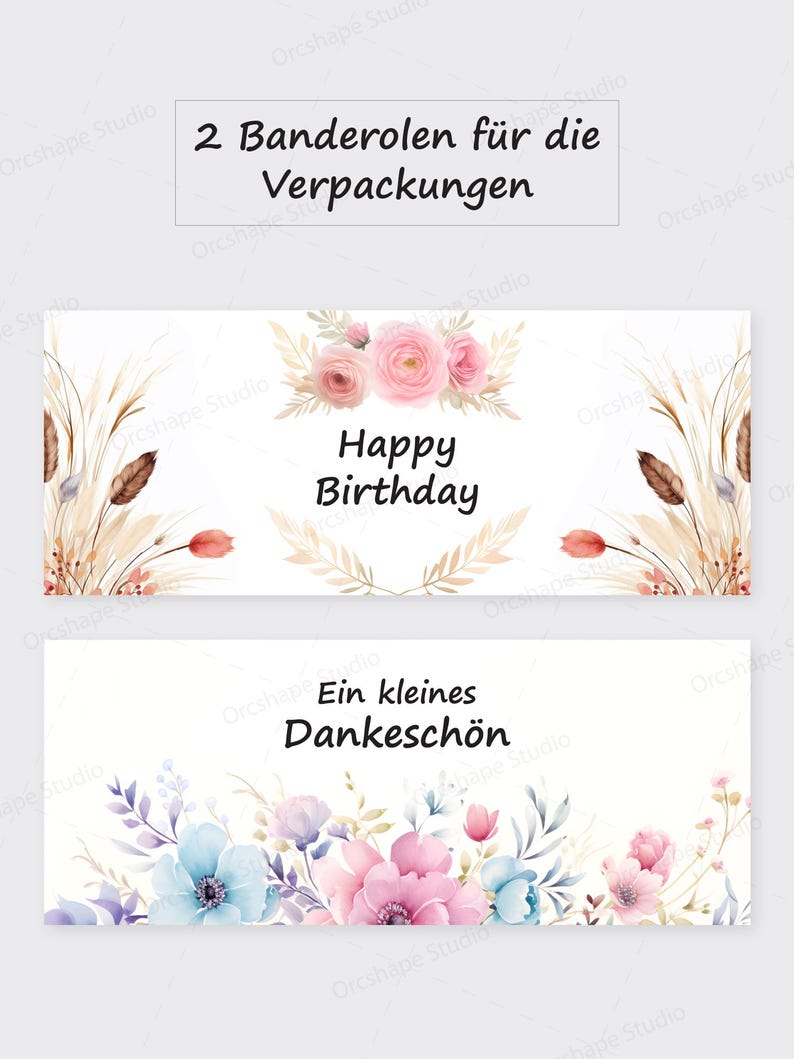 Puede incluir: Dos bandas de papel decorativas con dise&ntilde;os florales. Una banda dice "Happy Birthday" con rosas rosas y detalles beige. La otra dice "Ein kleines Dankesch&ouml;n" con flores azules y rosas.