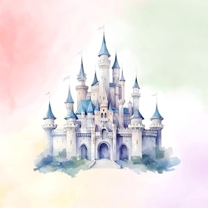 K&ouml;nnte beinhalten: Aquarellillustration eines M&auml;rchenschlosses mit mehreren T&uuml;rmen und T&uuml;rmchen mit blauen D&auml;chern. Das Schloss ist wei&szlig; und grau, vor einem Hintergrund in sanften Pastellfarben aus Rosa, Gr&uuml;n und Gelb.
