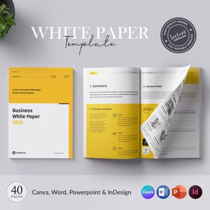 May include: A business white paper template with a yellow and white design. The cover reads "Business White Paper 2026". The open book shows a summary and business model. The text "WHITE PAPER Template" is at the top.