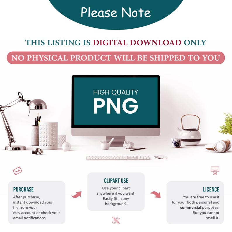 K&ouml;nnte beinhalten: An image advertising a digital download, with the text "Bitte beachten" and "Dieses Angebot ist nur ein digitaler Download." A computer screen shows "High Quality PNG." Further text explains purchase, clipart use, and license details.