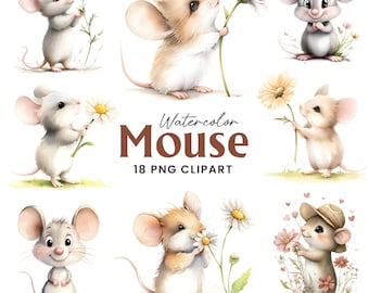 Watercolor Mouse with Flower Clipart, 18 Garden Mouse PNG, Baby Mouse Bouquet, Digital Download