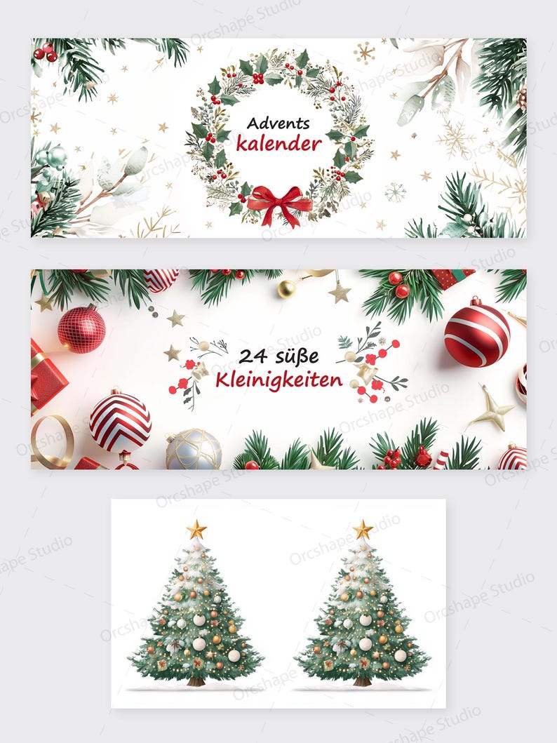 Puede incluir: Tres banners con tem&aacute;tica navide&ntilde;a. El banner superior presenta una corona con el texto "Advents kalender". El banner del medio tiene el texto "24 s&uuml;&szlig;e Kleinigkeiten" con adornos. El banner inferior muestra dos &aacute;rboles de Navidad decorados.
