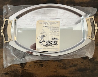 Bandeja rectangular para pan MCM Art Deco Kromex cromada con asas de latón, 17x9 cm, fabricada en EE. UU.