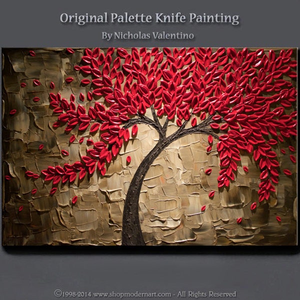 Large 36"x24"x 1-3/8" Original Red Tree Impasto Painting - Palette Knife Abstract Textured on Gallery Canvas - Wired Ready to Hang  FREE S&H