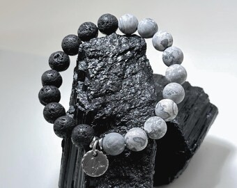 Matte Picasso Jasper & Lava Stone Bracelet – Grounding, Calm and Stability, Handmade Minimalist Crystal Bracelet 10mm