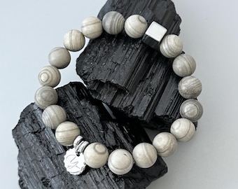 Grey Jasper Bracelet for Calm & Grounding – Hematite Cube Bead – Handmade Men’s Crystal Bracelet for Balance, Focus and Inner Strength