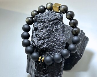 Golden Sheen Obsidian and Matte Onyx Bracelet – Protection, Grounding & Strength, Handmade Minimalist Crystal Bracelet for Men